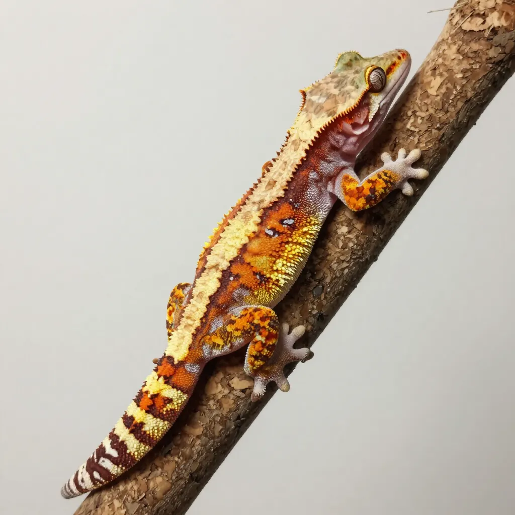 Harlequin crested gecko on a cork branch