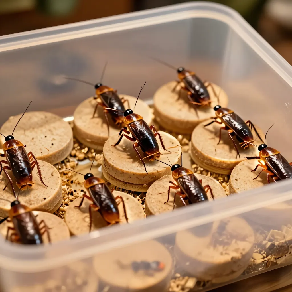 Dubia roaches on egg flats in a feeder tub