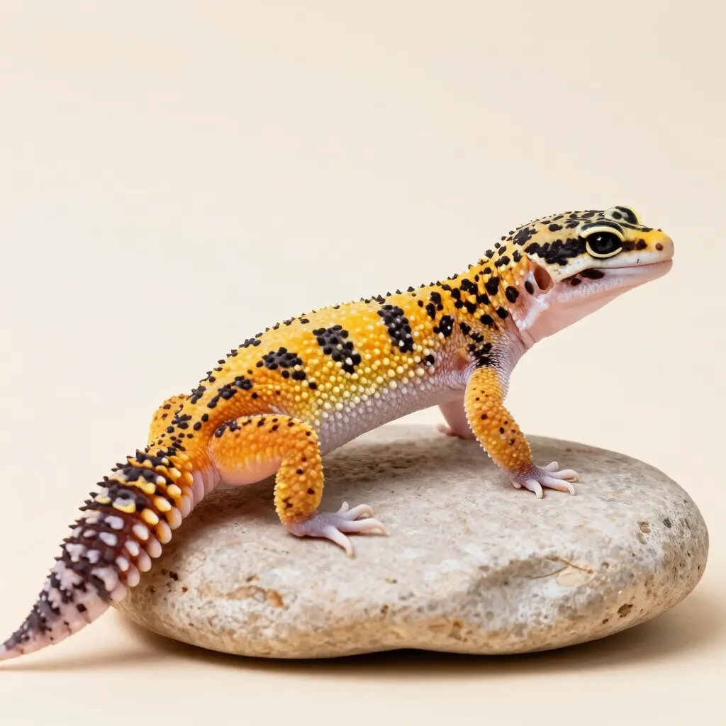 Yellow leopard gecko with black spots on pale stone