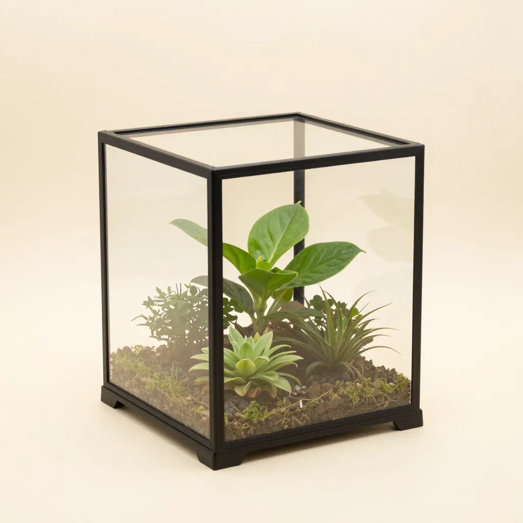 Front-opening glass terrarium with live plants